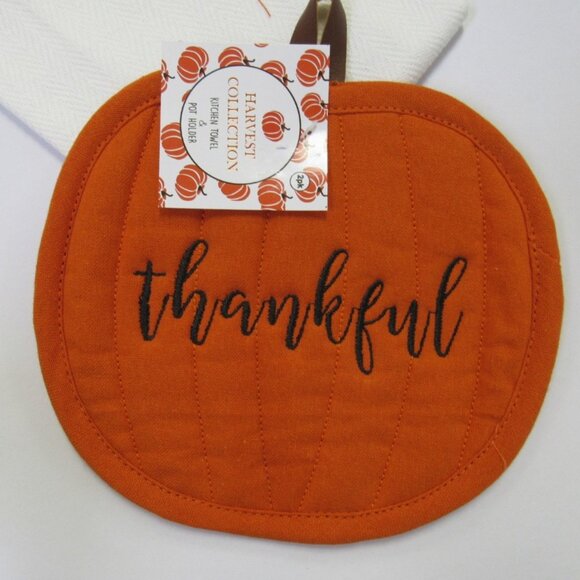 2 PC Set Potholder Oven Mitt & Kitchen Towel Pumpkin Harvest "Thankful" Print - Picture 3 of 4